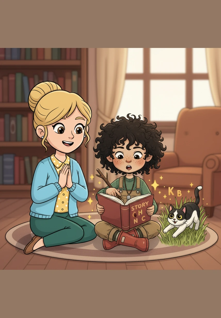 Sam points to each word on the first page of his book, carefully sounding out the sentence about a friendly black and white cat. Magical stars twinkle around him as the words transform from simple letters into a real story he can understand.