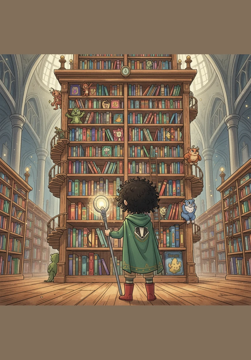 Sam stands before a massive library bookshelf reaching toward the ceiling, his superhero suit glowing with his new love for reading. He looks up at the endless rows of colorful books, ready and excited to start his next great adventure.