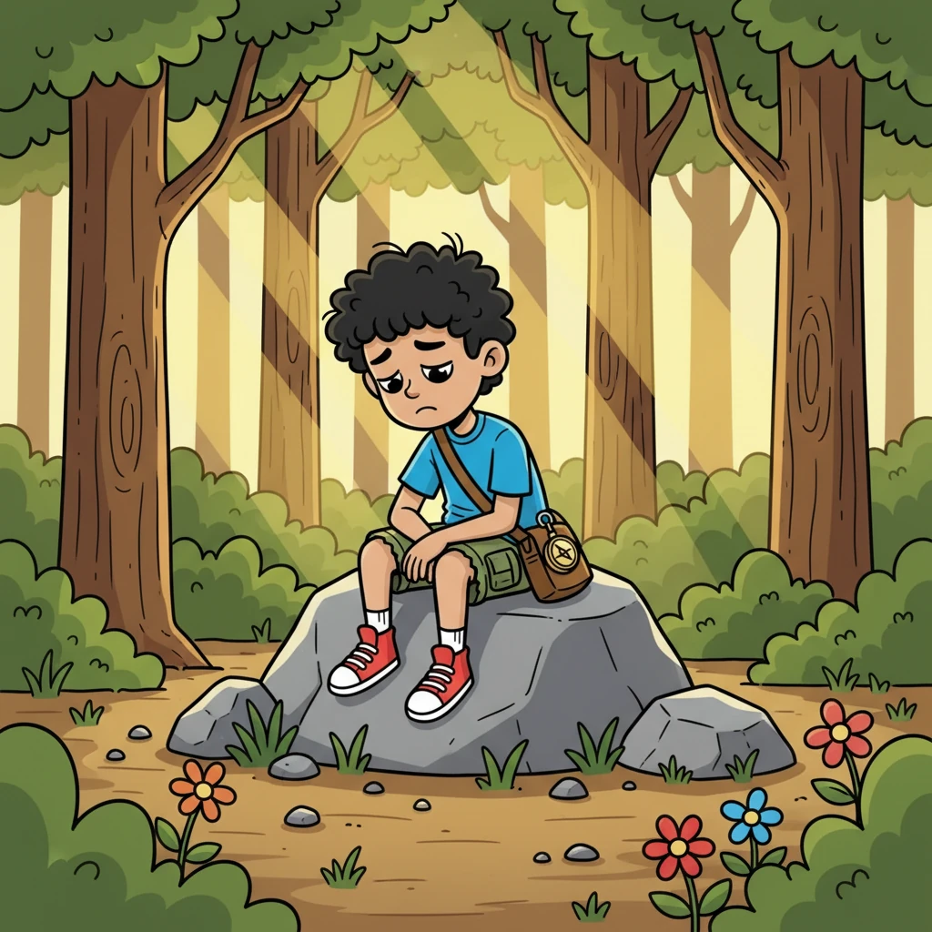 He searched high and low, under rocks and behind trees, but the treasure remained elusive. Disappointment began to creep in as the sun climbed higher in the sky. He sat down, feeling a little lost.