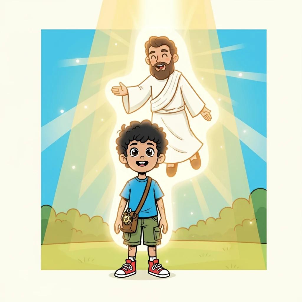Suddenly, a warm, bright light enveloped him. He looked up and saw a radiant figure, a vision of peace and love. It was God, and He smiled down at Isaiah.