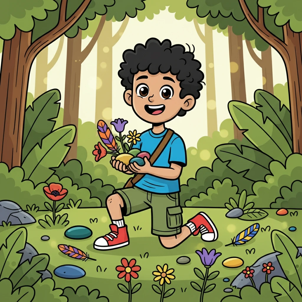 Isaiah, now empowered with supernatural wisdom, easily found shiny pebbles, colorful feathers, and small, beautiful flowers. He gathered them with glee, his heart full.