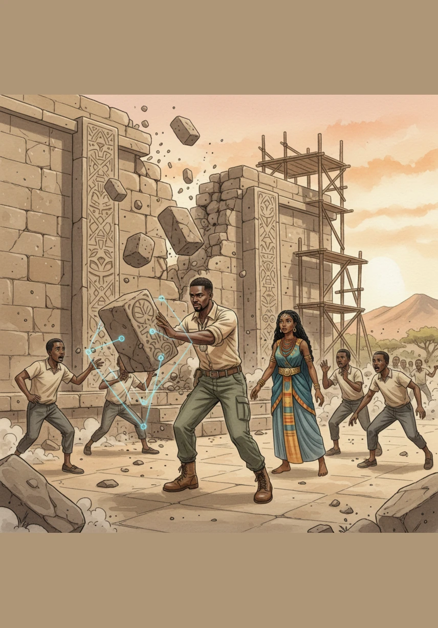 At a royal construction site, a massive stone structure begins to crumble, sending the workers into a panic. Rooney steps forward, using his understanding of physics to stabilize the heavy blocks and save the project from disaster.