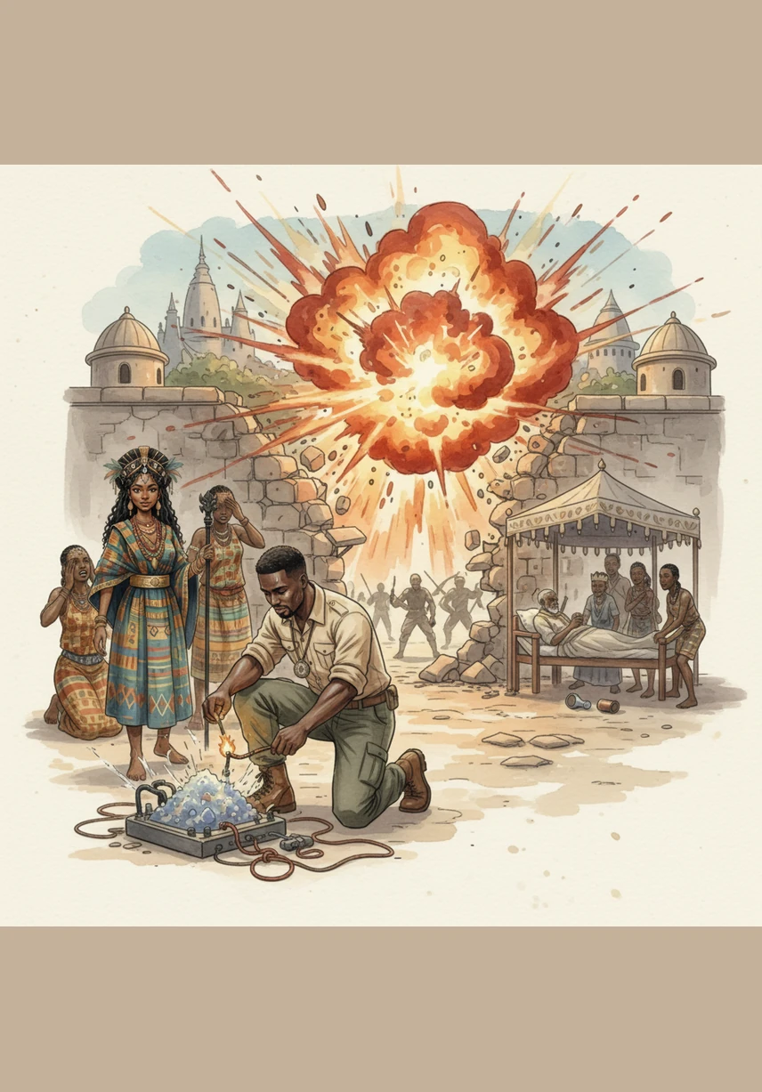 Combining his knowledge of chemistry and minerals, Rooney creates a powerful explosive to break the enemy's siege. The blast saves Princess Lukeni and secures victory, though the King unfortunately succumbs to the poison.