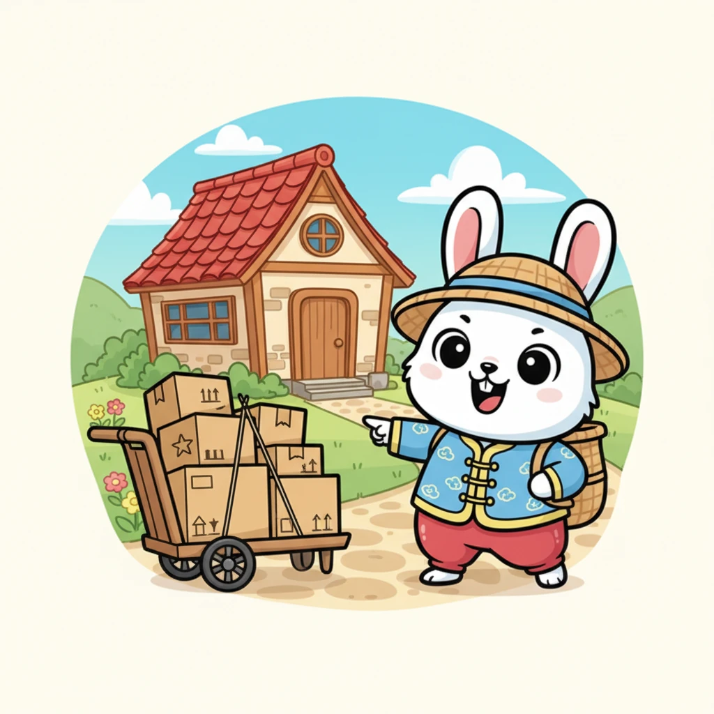 阳光明媚的一天，小白兔小白站在旧家门口，兴奋地望着装满箱子的小推车。它戴着一顶俏皮的草帽，满心期待着即将到来的新家生活。空气中弥漫着新奇和冒险的气息。