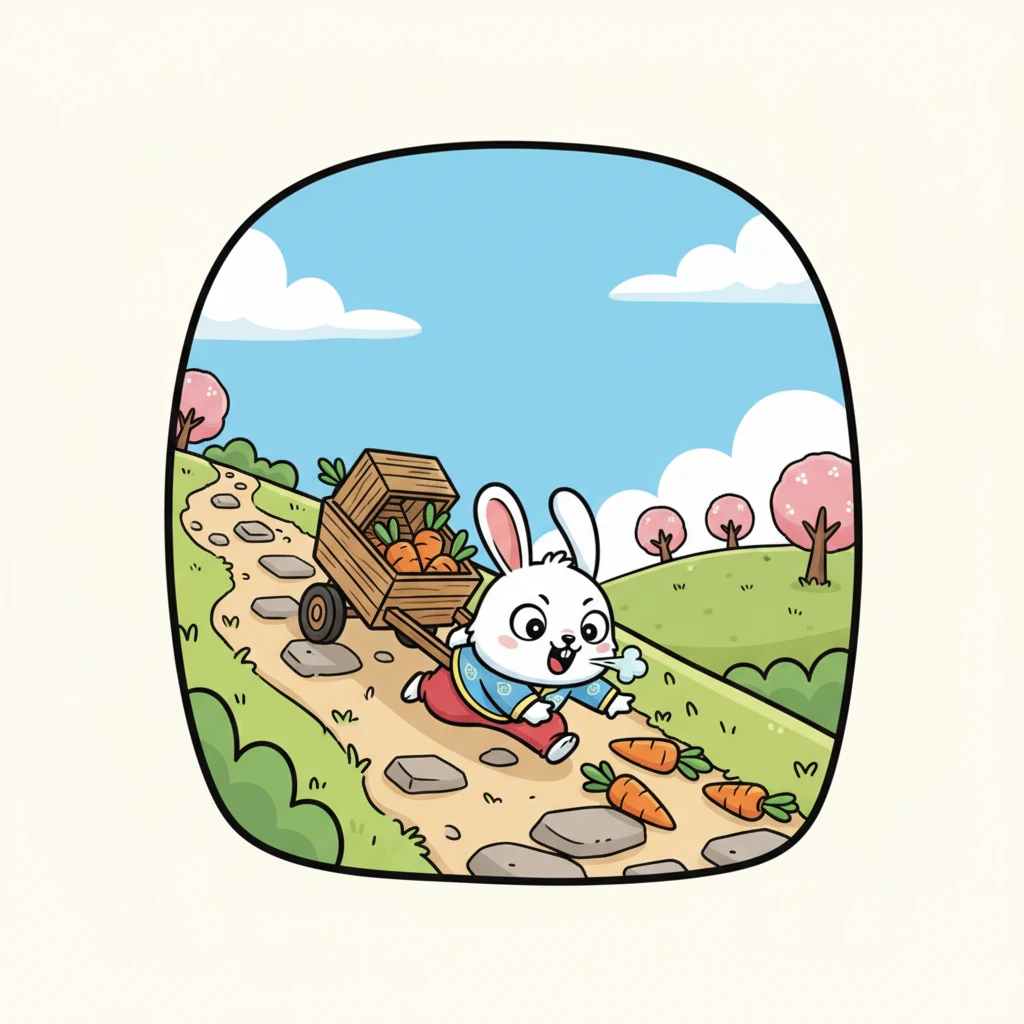 小白推着沉重的小推车，在崎岖的小路上艰难前行，累得气喘吁吁。突然，一个箱子摇摇晃晃，几根它最爱的胡萝卜骨碌碌地滚了出来。小白赶紧撒开小短腿去追。