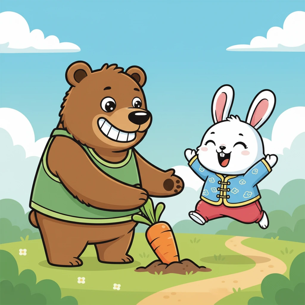 正当小白焦急地追赶胡萝卜时，一只憨态可掬的大熊路过，看到了小白的困境。大熊咧嘴一笑，露出友善的表情，主动提出要帮忙。小白惊喜地跳起来，感激地点点头。