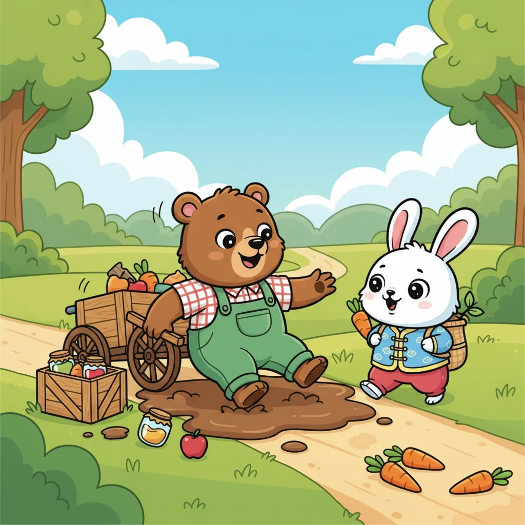 大熊轻松地推着小推车，小白跟在旁边，他们有说有笑。然而，当他们经过一片泥泞地时，大熊不小心滑了一跤，箱子散落一地。小白的胡萝卜又滚走了几根，他们相视一笑，无奈地开始重新整理。