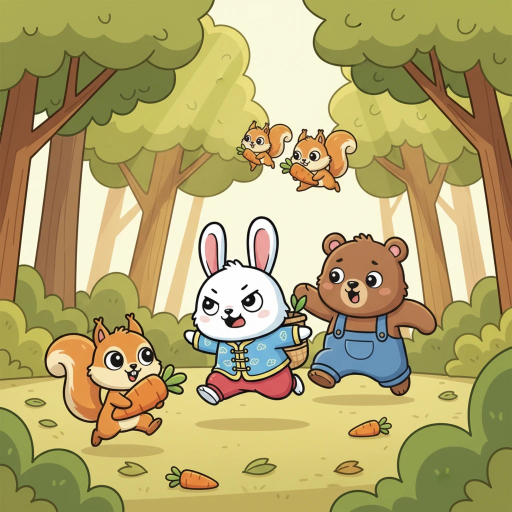 他们穿过一片茂密的森林，突然，一群叽叽喳喳的小松鼠从树上跳下来。它们以为散落的胡萝卜是给它们的，争先恐后地抱走了一根。小白和大熊只好哭笑不得地追着它们跑。