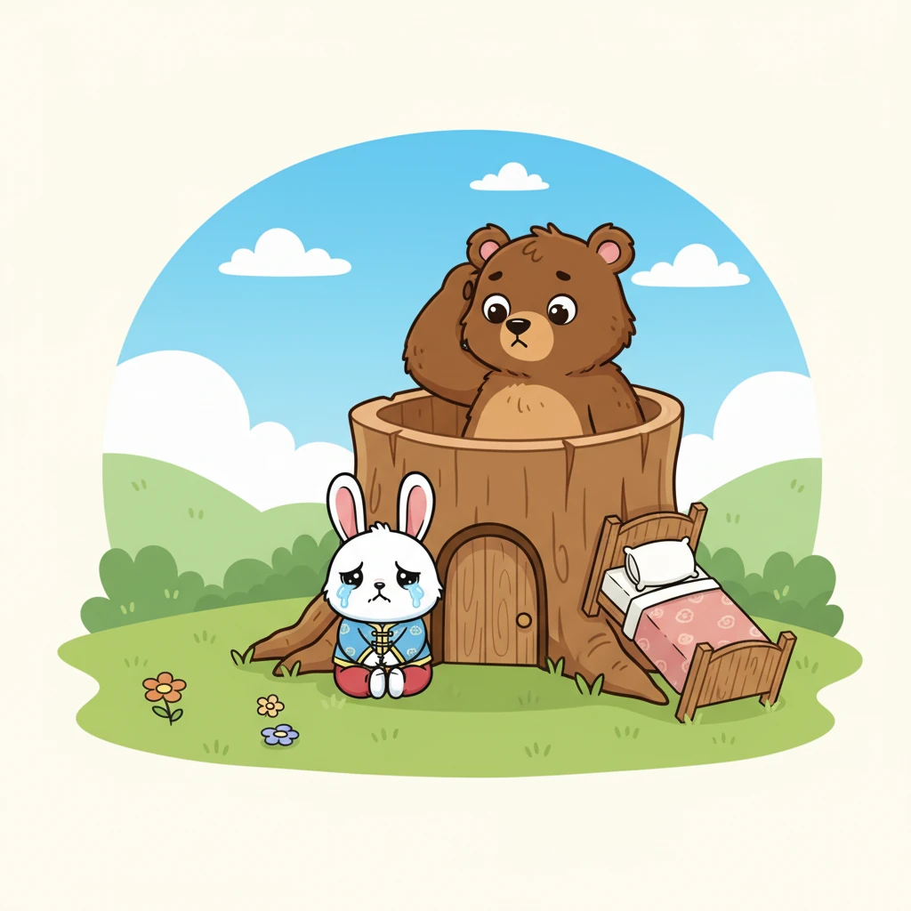 经过一番波折，小白和大熊终于到达了新家。然而，小白沮丧地发现，新家的门太小了，它的大木床根本搬不进去。小白坐在门口，愁眉苦脸，大熊也挠了挠头。