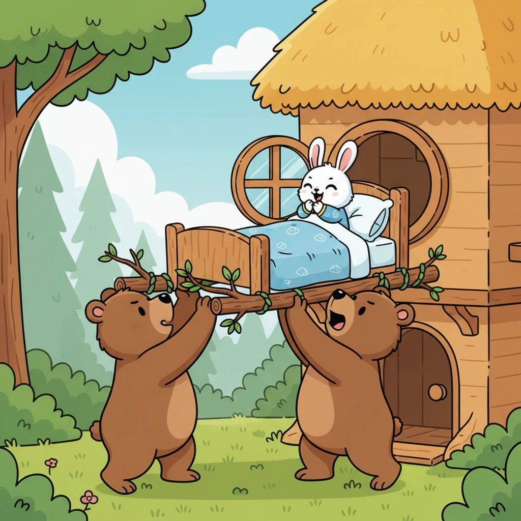 大熊灵机一动，他找来几根结实的树枝和藤蔓，小心翼翼地将小白的床抬高。小白在里面指挥，他们齐心协力，终于从窗户把床送进了新家。小白开心地拍手叫好。