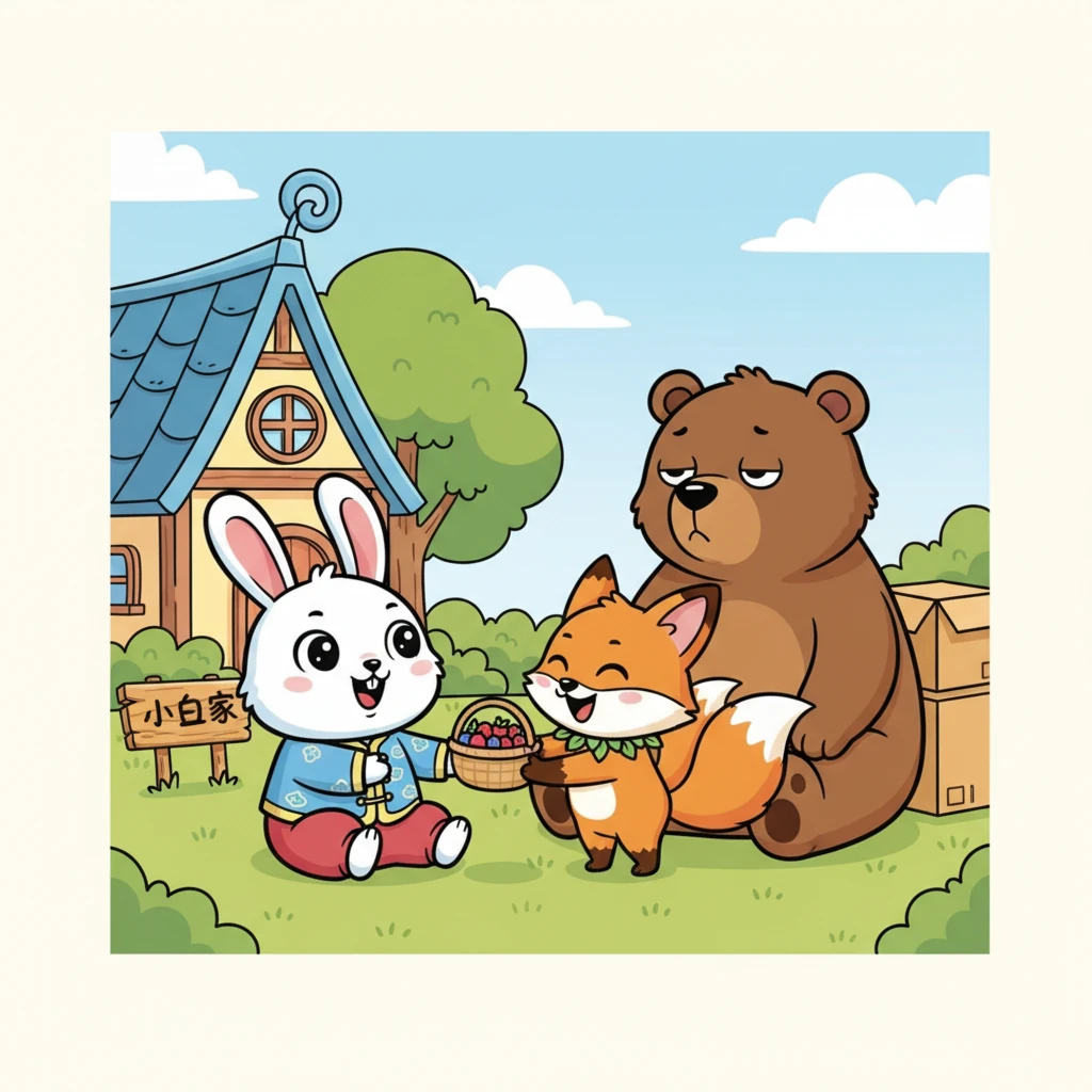 搬完家，小白和大熊累得坐在地上休息。这时，一只活泼的小狐狸带着一篮香甜的浆果走了过来。原来它是小白的新邻居，特意来送乔迁礼物。小白惊喜地接过浆果，心里暖暖的。
