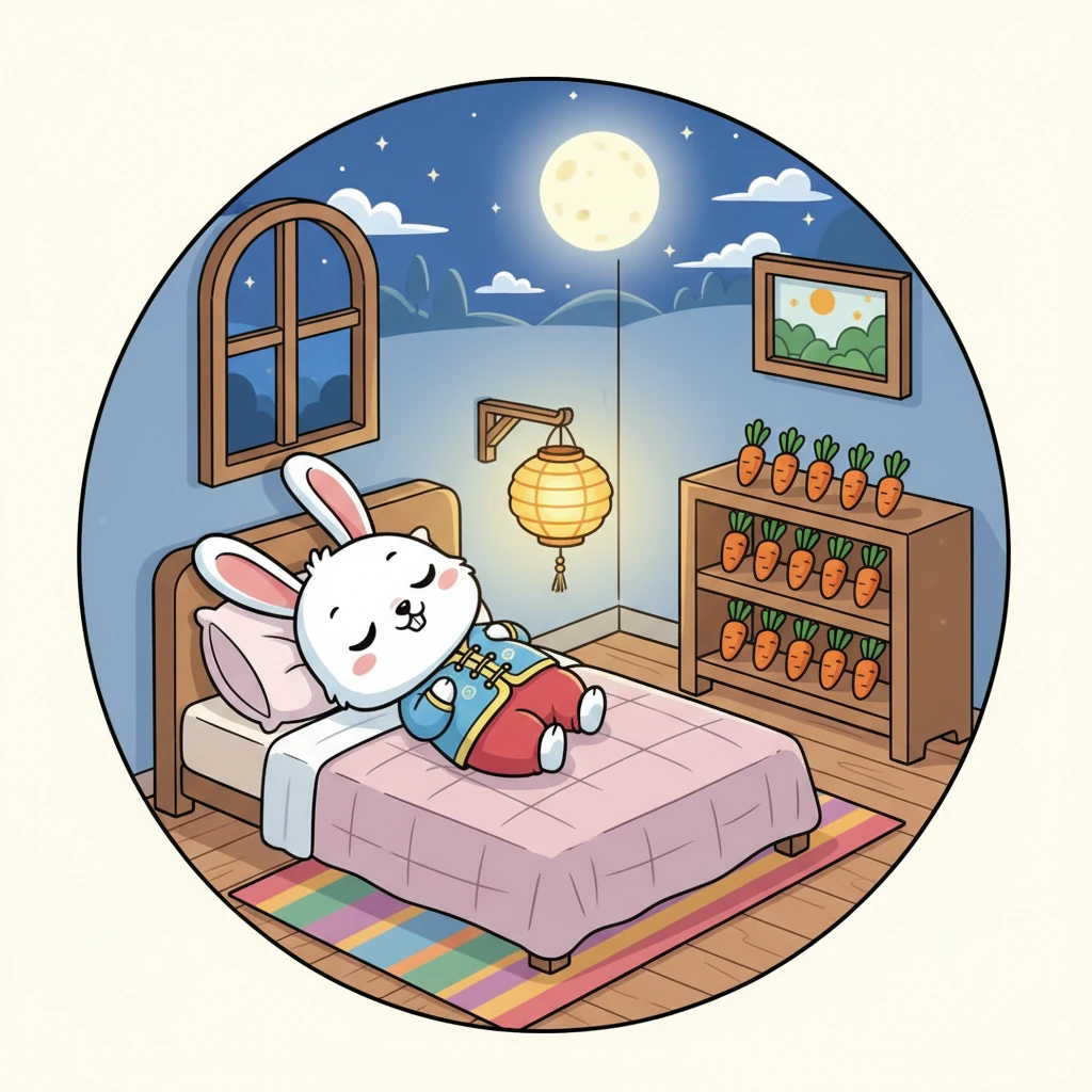 新家布置好了一切，小白把胡萝卜整齐地摆放在架子上，点亮了温馨的小灯笼。它躺在柔软舒适的床上，窗外月光皎洁，一切都那么宁静而美好。小白感到前所未有的满足。