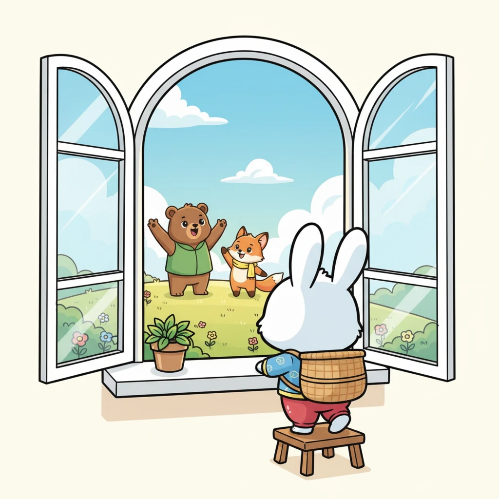 小白从窗户向外望去，看到远处的大熊和小狐狸正朝它挥手告别。它心里暖洋洋的，知道新生活充满了无限可能。小白期待着，在新家会发生更多精彩的故事。