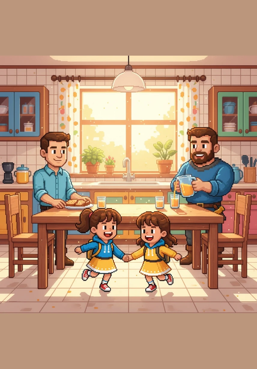 Em uma casa colorida e cheia de luz, o pequeno Leo e sua irmã Maya começam o dia com muita alegria. Seus dois pais, Lucas e David, preparam a mesa do café enquanto o sol da manhã entra suavemente pela janela da cozinha.