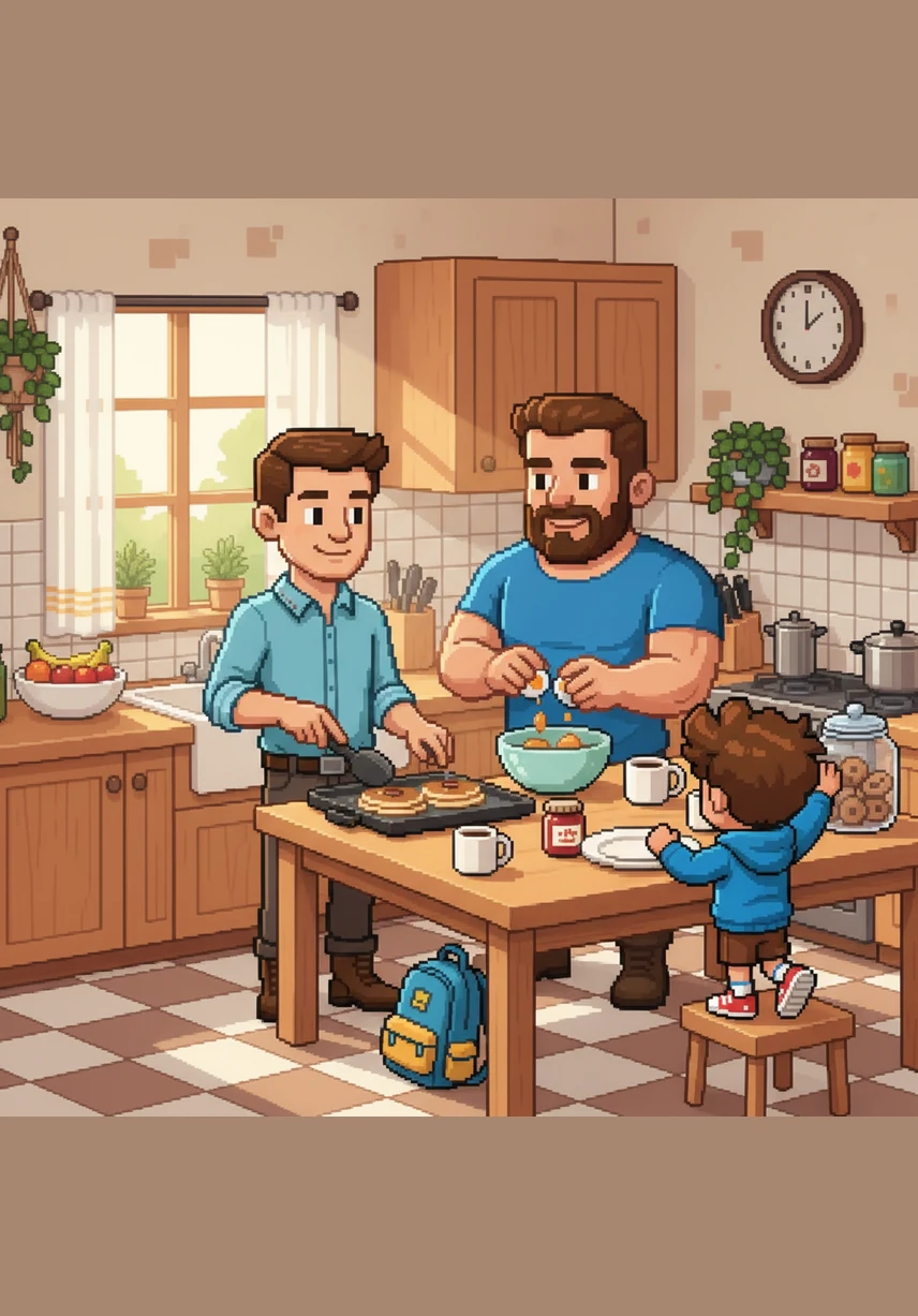 O sábado é o dia oficial das panquecas, e todos na família têm uma tarefa especial. Enquanto Lucas vira as massas com habilidade, David e as crianças decoram os pratos com frutas frescas e mel, criando rostos sorridentes na comida.