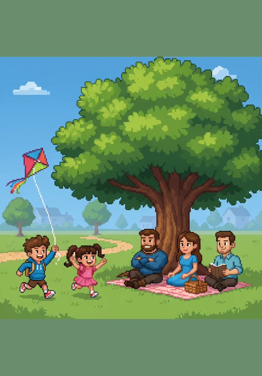 No parque da vizinhança, a família se diverte sob a sombra de uma grande árvore frondosa. Enquanto Leo e Maya correm pelo gramado tentando empinar uma pipa colorida, seus pais observam com orgulho cada descoberta dos pequenos.