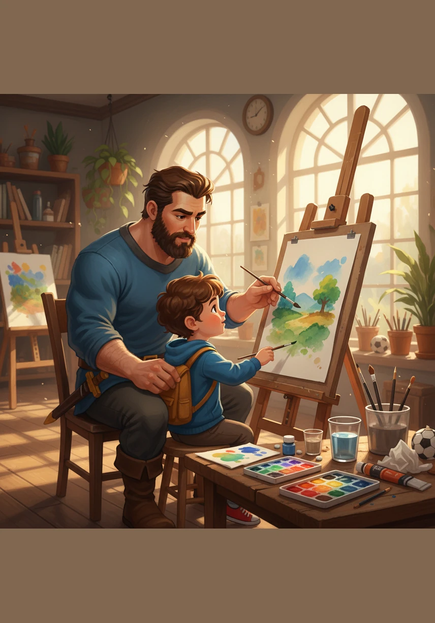 À tarde, Leo se senta no ateliê de David para aprender a pintar com aquarelas. Com paciência, David guia as mãos do filho, ensinando que as cores podem expressar sentimentos que as palavras às vezes não conseguem dizer.