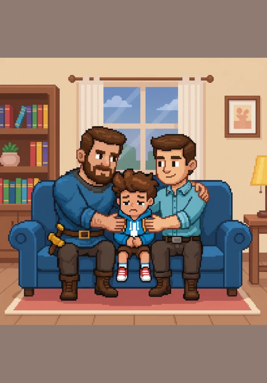 Nem todos os dias são perfeitos, e hoje Leo voltou da escola um pouco triste com um comentário de um colega. Seus dois pais se sentam com ele no sofá, oferecendo abraços apertados e palavras de conforto que fortalecem sua identidade.