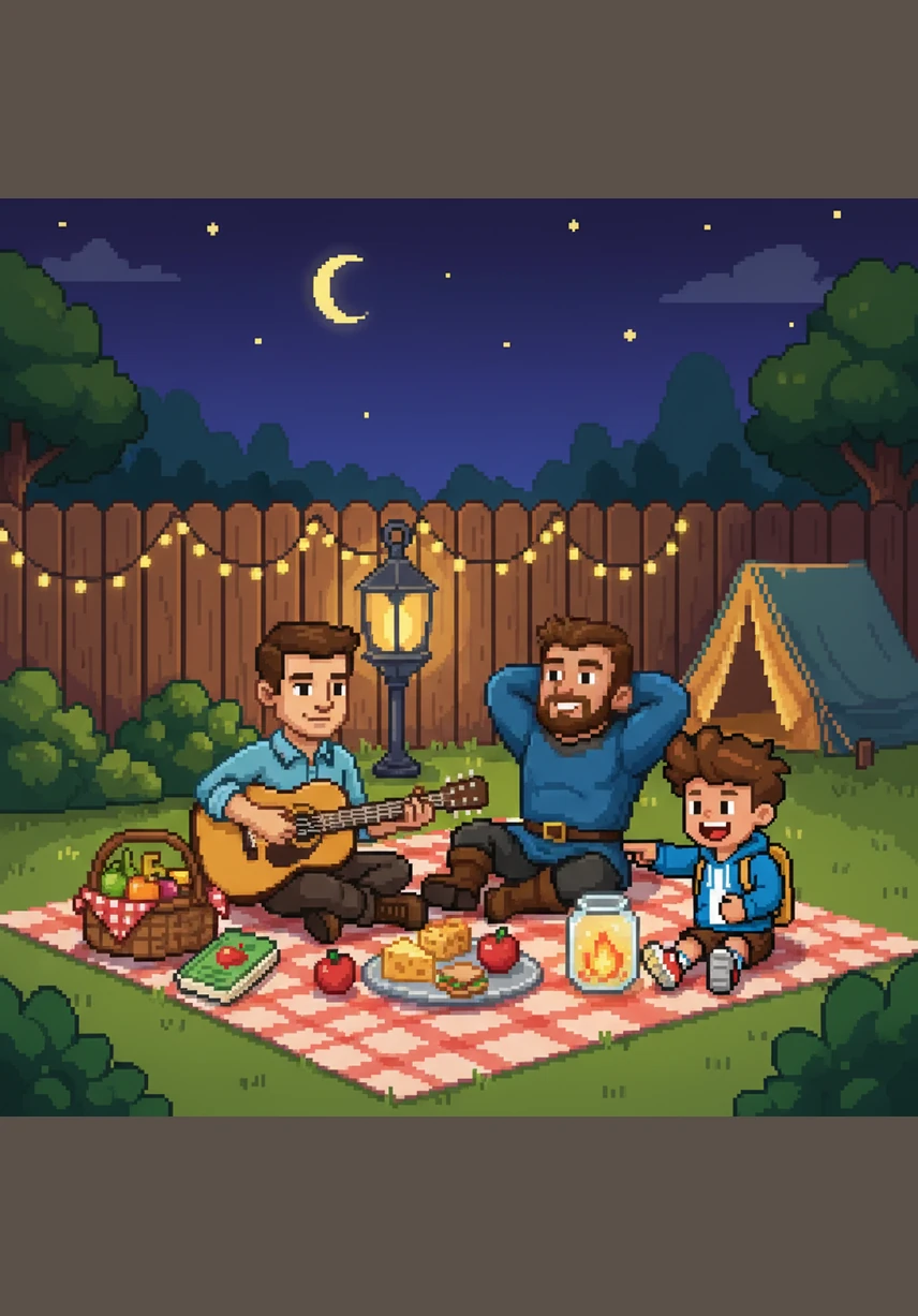 A família decide organizar um piquenique noturno no quintal para celebrar a união e a amizade. Eles espalham uma toalha xadrez e compartilham risadas sob as luzes de varal, lembrando que o apoio mútuo é a base de tudo.