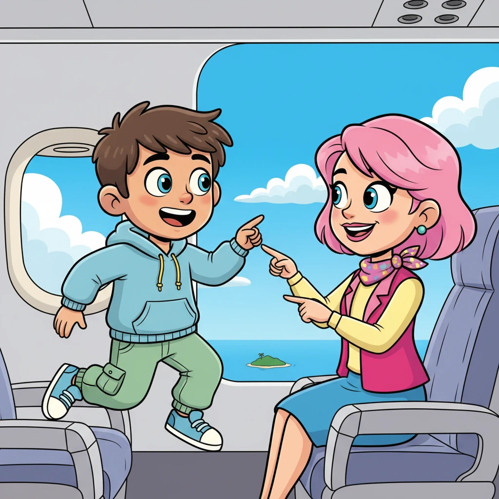 Leo, a bright-eyed student, bounced in his seat, gazing out the window of their small plane. Beside him, Ms. Willow, his energetic teacher with a stylish scarf, smiled, pointing to the fluffy clouds below as they headed to a science fair on a distant island.