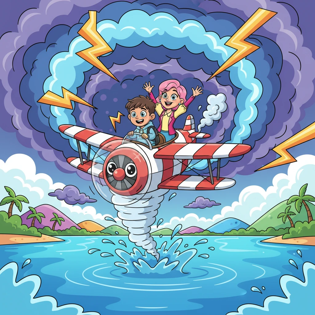Suddenly, the plane lurched into a sky filled with comical, swirling storm clouds and exaggerated lightning bolts. The little plane dipped and spun in a whirlwind, leading to a surprisingly soft, splashy emergency landing, all in a dramatic but not scary cartoon style.