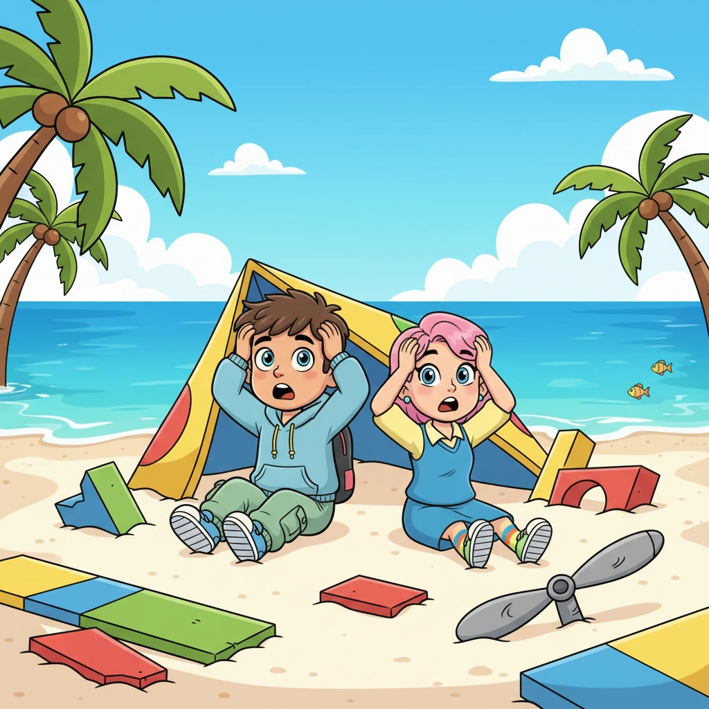 Leo and Ms. Willow blinked awake on a pristine, sun-drenched beach, surrounded by scattered, colorful pieces of their plane that looked more like giant toys. They sat up, rubbing their heads, and exchanged a wide-eyed look, realizing they were the only ones there.
