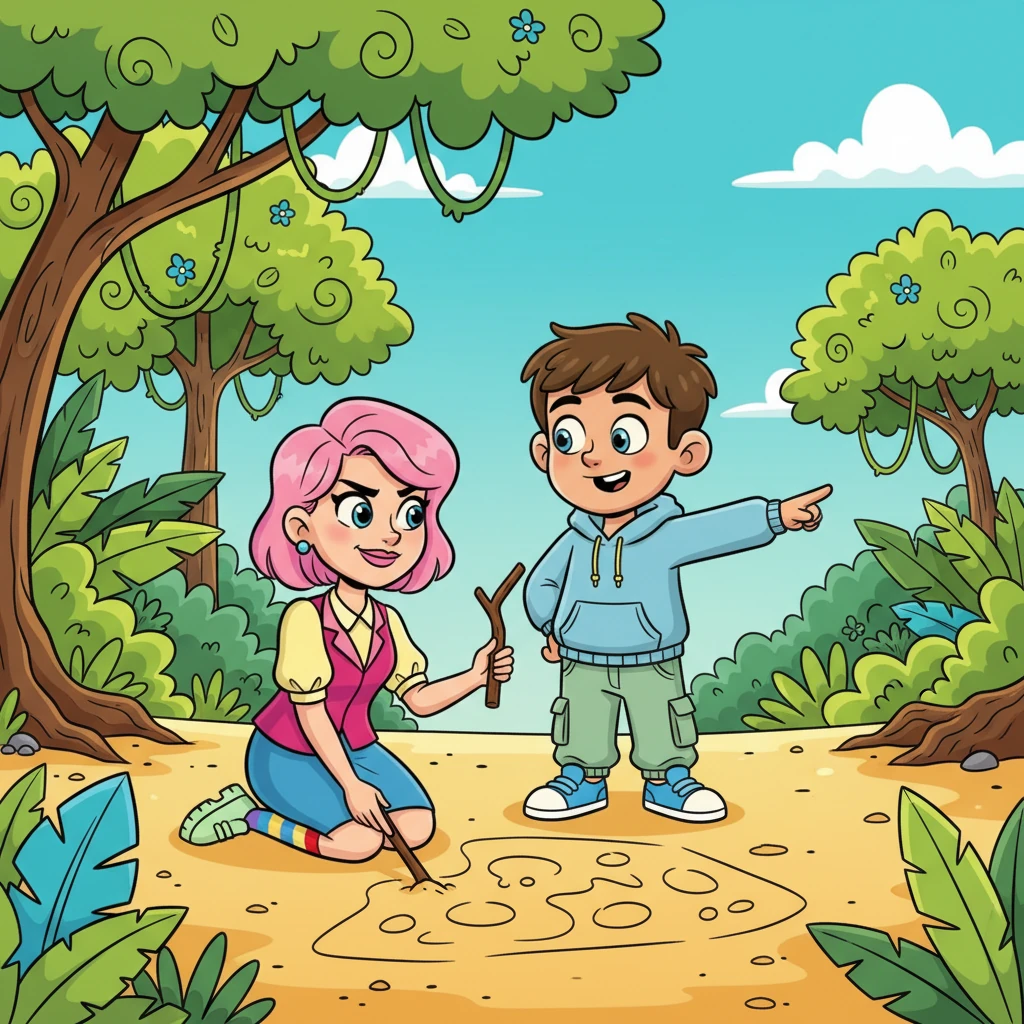 Ms. Willow, ever the quick thinker, drew a rough map in the sand with a stick, her face determined. Leo, with a spark of curiosity, pointed towards the lush, vibrant jungle that beckoned behind them, its trees a riot of exaggerated green shapes.