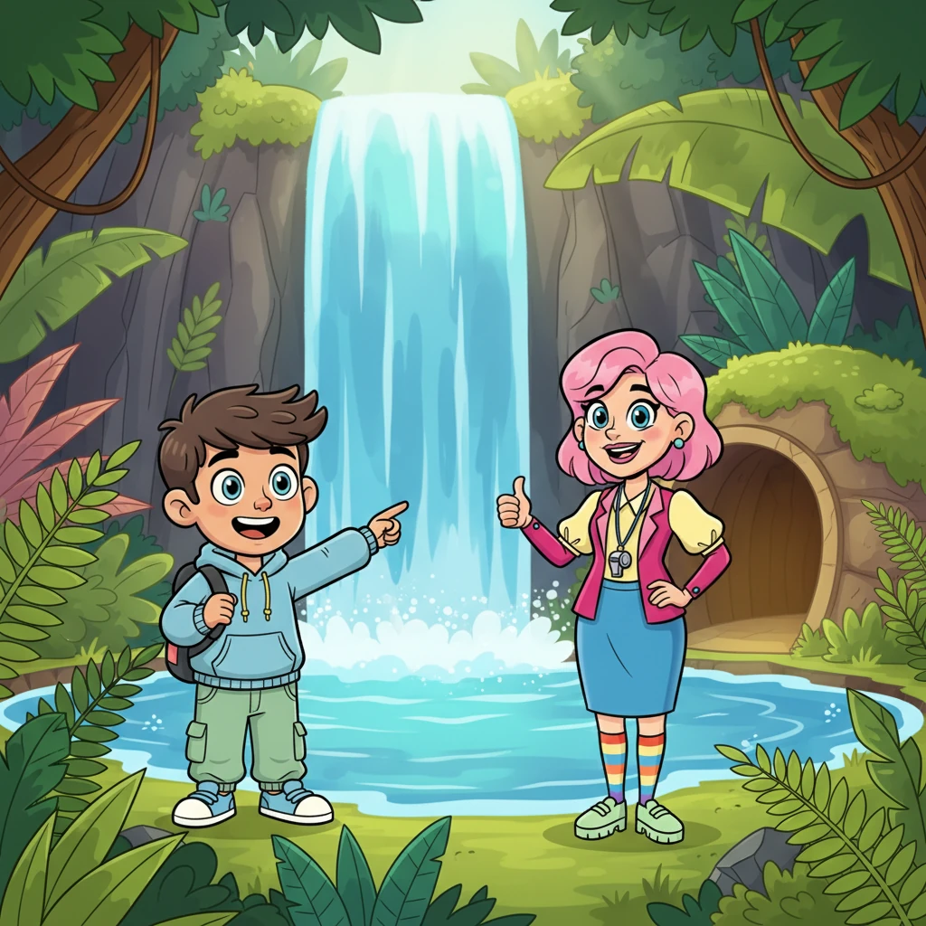 Deep within the jungle, they discovered a sparkling waterfall cascading into a clear pool, perfect for fresh water. Nearby, a cozy, moss-covered cave entrance offered a promising shelter, and Ms. Willow gave Leo an encouraging thumbs-up.