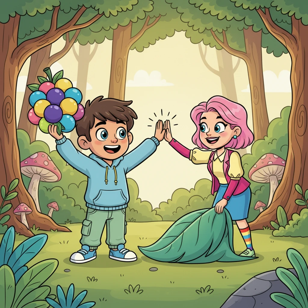Working together, Leo enthusiastically gathered bright, exotic fruits while Ms. Willow expertly arranged large, soft leaves into a comfy bed. They shared a triumphant high-five, proud of their growing little home.