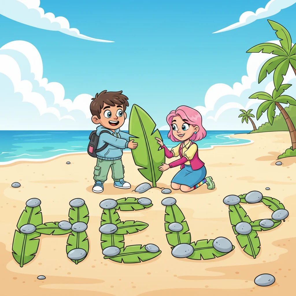 On the wide, sandy beach, Ms. Willow used her cleverness to arrange large, smooth stones and giant palm fronds into a massive, eye-catching 'HELP' sign. Leo, beaming, helped push the last, oversized leaf into place.