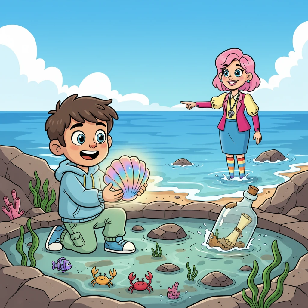 While exploring a tide pool, Leo found a shimmering, iridescent shell that hummed softly with a gentle glow. Ms. Willow, meanwhile, spotted a weathered bottle bobbing in the waves, containing a rolled-up, treasure-like map.