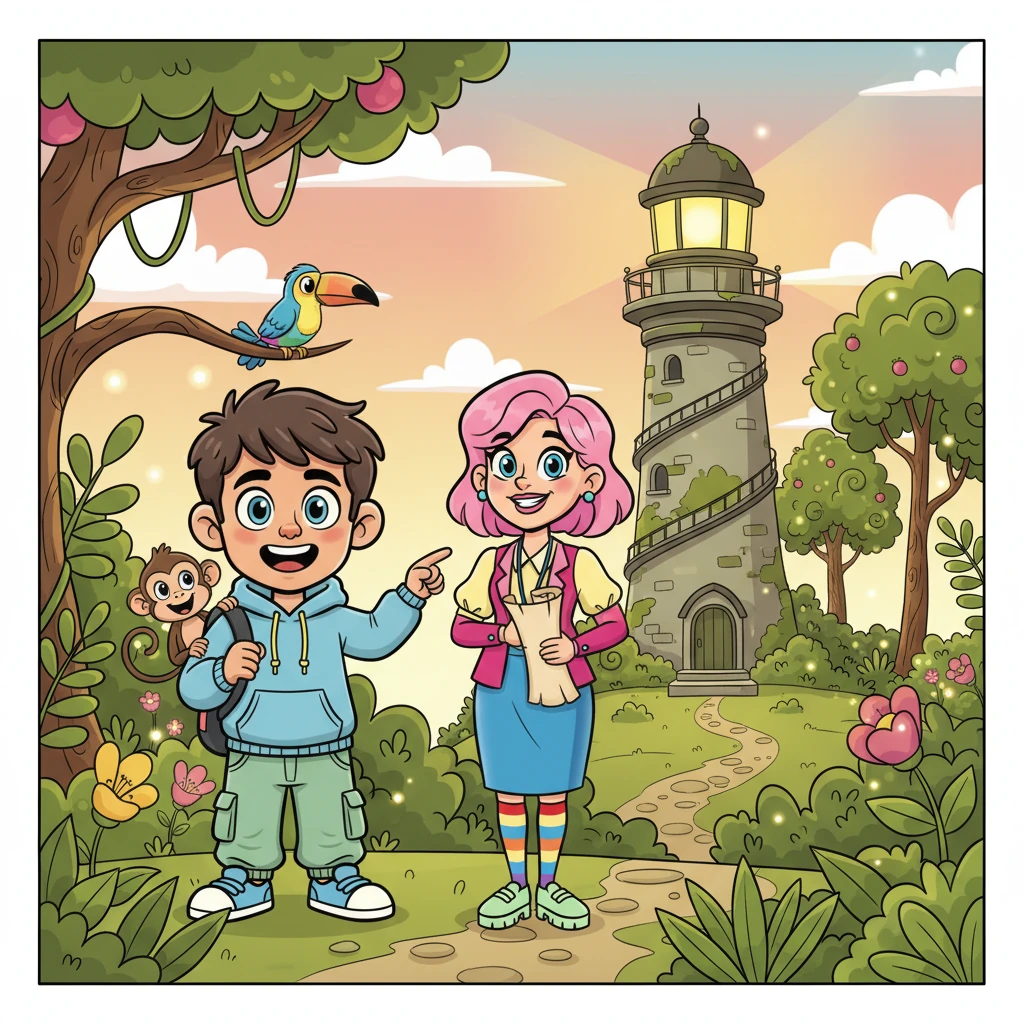Following the whimsical map, they trekked through the jungle, which seemed to come alive with friendly, curious animals. They soon arrived at an ancient, charming lighthouse, standing tall and slightly crooked, nestled amongst the trees.