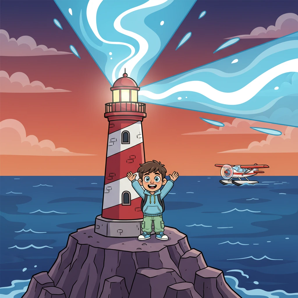 With a final, joyful push, Ms. Willow and Leo managed to light the lighthouse's beacon, sending a brilliant, swirling beam across the sea. In the distance, a cheerful rescue plane appeared, its wings glinting, ready to bring them home.