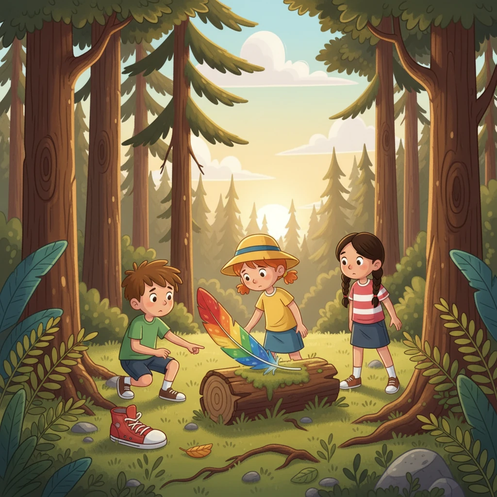 With the tent proving troublesome, Barnaby, Pip, and Rosie decided to explore. They wandered into the woods, hoping to find some interesting treasures. They stumbled upon interesting odd and ends: a lost shoe and a colorful feather.