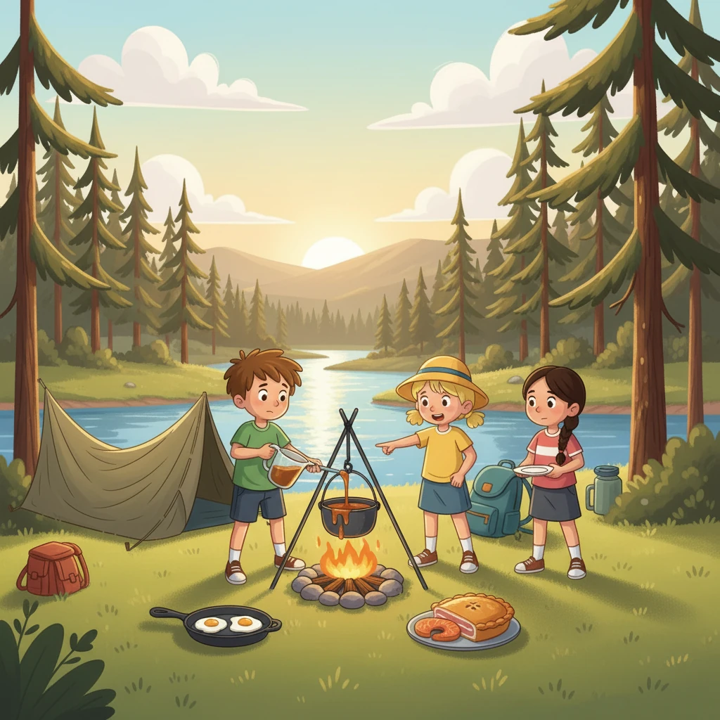 As dusk settled, the friends started preparing dinner. They planned a delicious meal of eggs, salmon, and pork pie. Barnaby volunteered to make the gravy, carefully measuring and pouring.