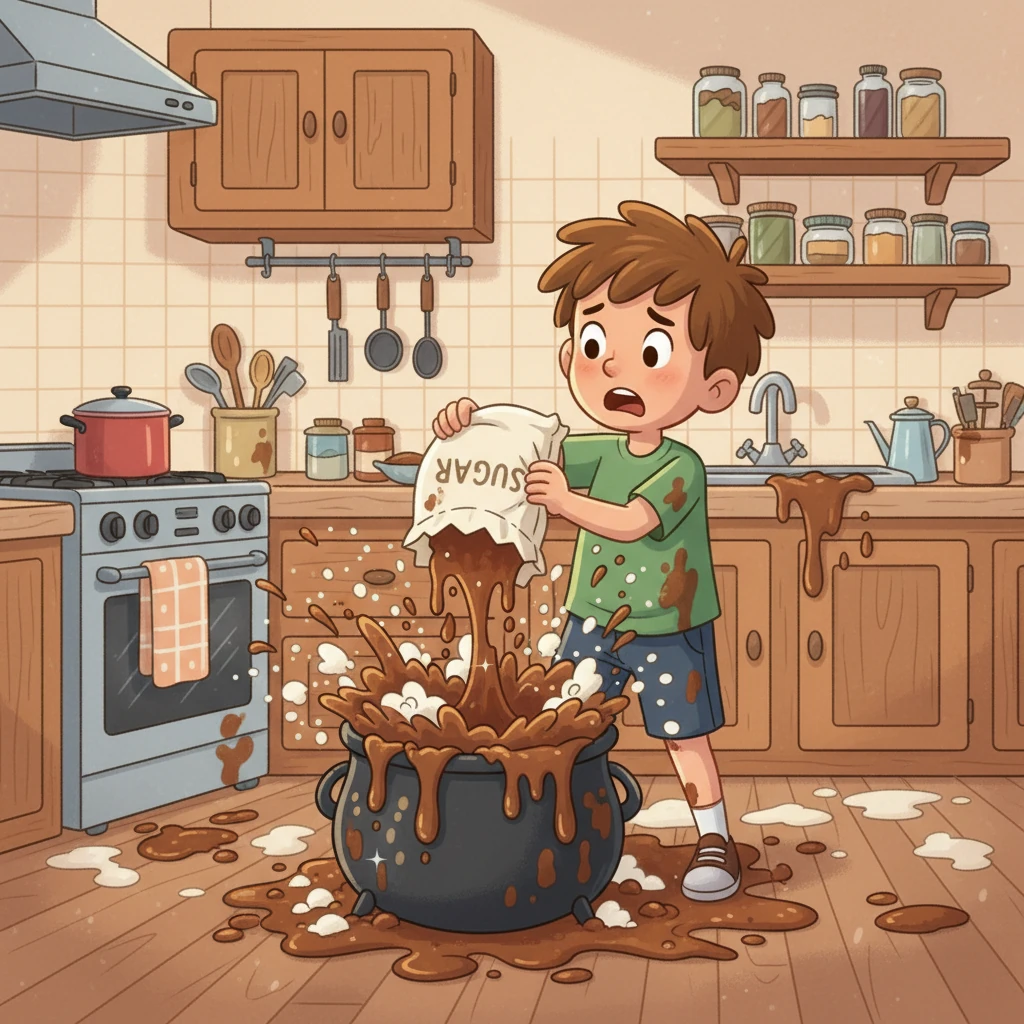 Disaster struck when Barnaby reached for the sugar instead of the flour. He emptied the whole bag into the pot! The gravy, now sweet, began to bubble and explode, splattering everywhere.