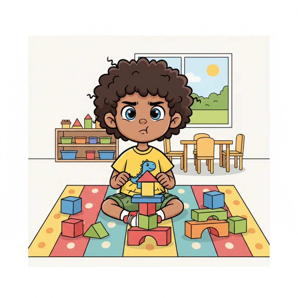 A vibrant cartoon illustration of a young boy, Jasper, with exaggerated proportions and expressive features. He is sitting on a colorful rug surrounded by bright, oversized building blocks. One tall block tower has just tumbled down. Jasper's face shows clear frustration, with slightly furrowed brows and a small pout. His hands are clenched lightly at his sides. The background is a cheerful kindergarten classroom with playful details.