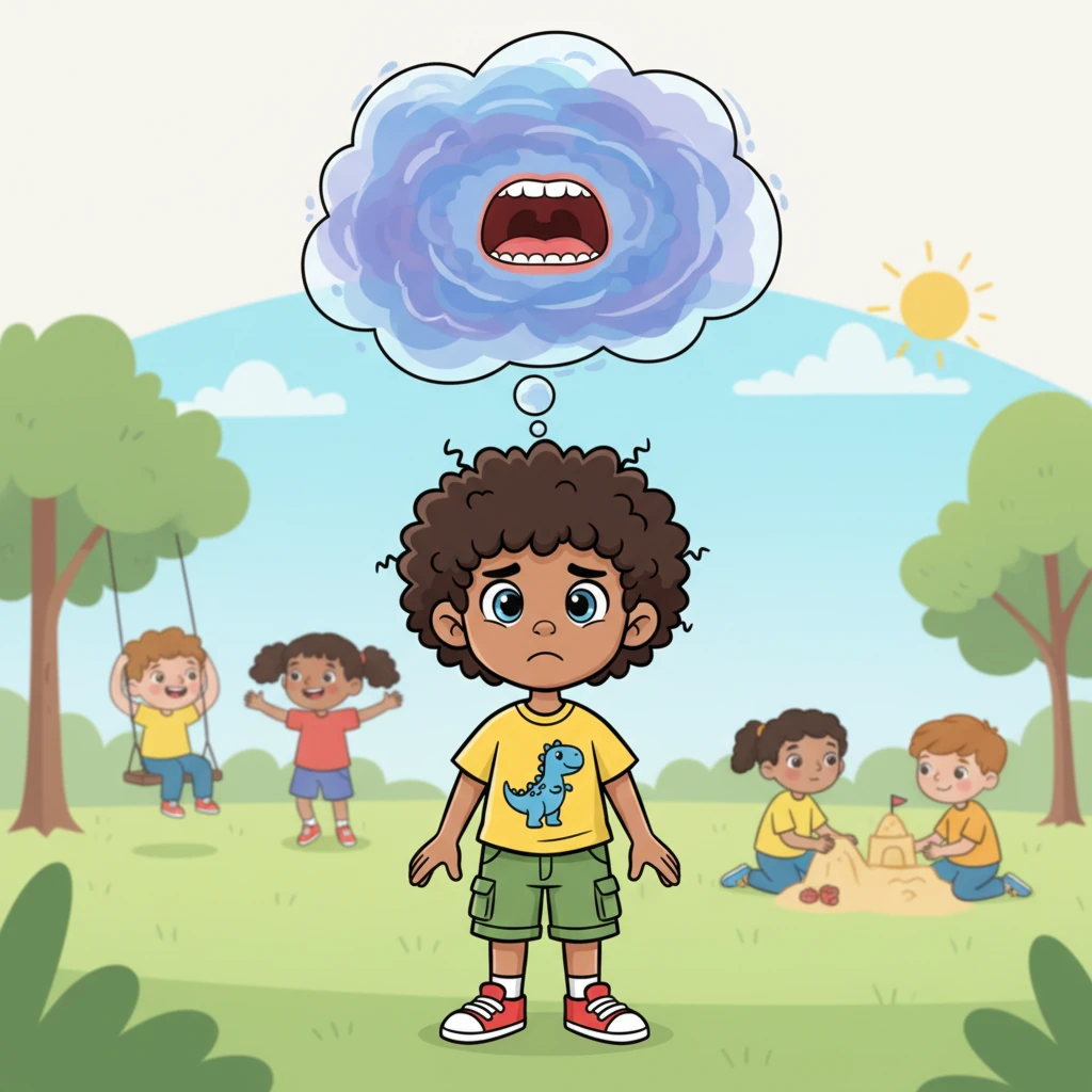 A whimsical cartoon illustration showing Jasper's internal feeling. Jasper stands with a slightly concerned expression. Above his head, a thought bubble or a transparent overlay shows a stylized, simplified image of a mouth with tiny, harmless-looking teeth, conveying the *urge* to bite, not the act itself. The colors are still bright but with a hint of a "stormy" blue or purple around the thought bubble to show big feelings. Other children are playing happily in the background, out of focus.