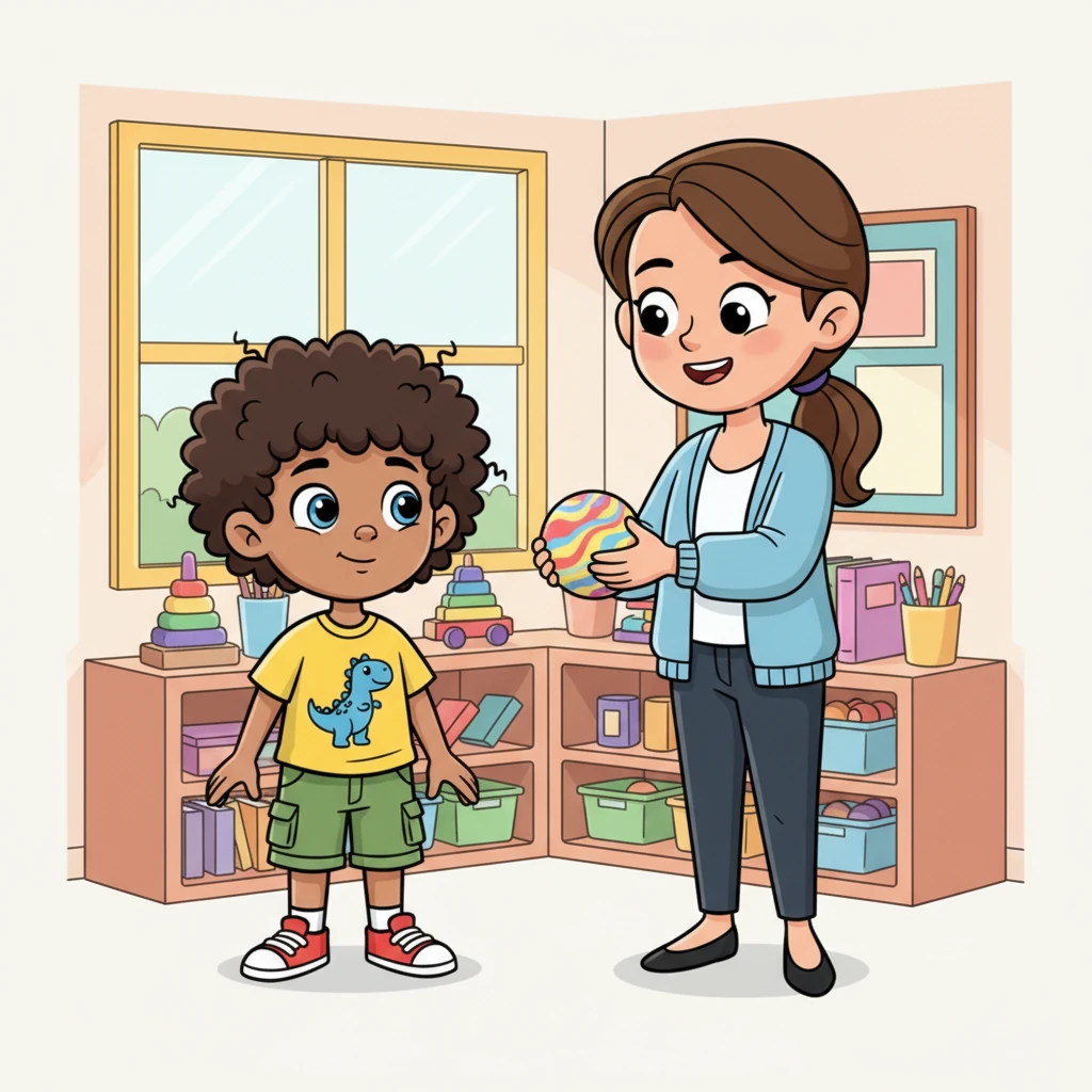 A bright and friendly cartoon illustration of Jasper and his kind teacher, Ms. Lily. Ms. Lily has a warm smile and gentle, exaggerated gestures. She is holding out a brightly colored, soft, squishy stress ball towards Jasper. Jasper looks at the ball with curiosity. The classroom setting is cheerful and inviting, with smooth lines and bold outlines.