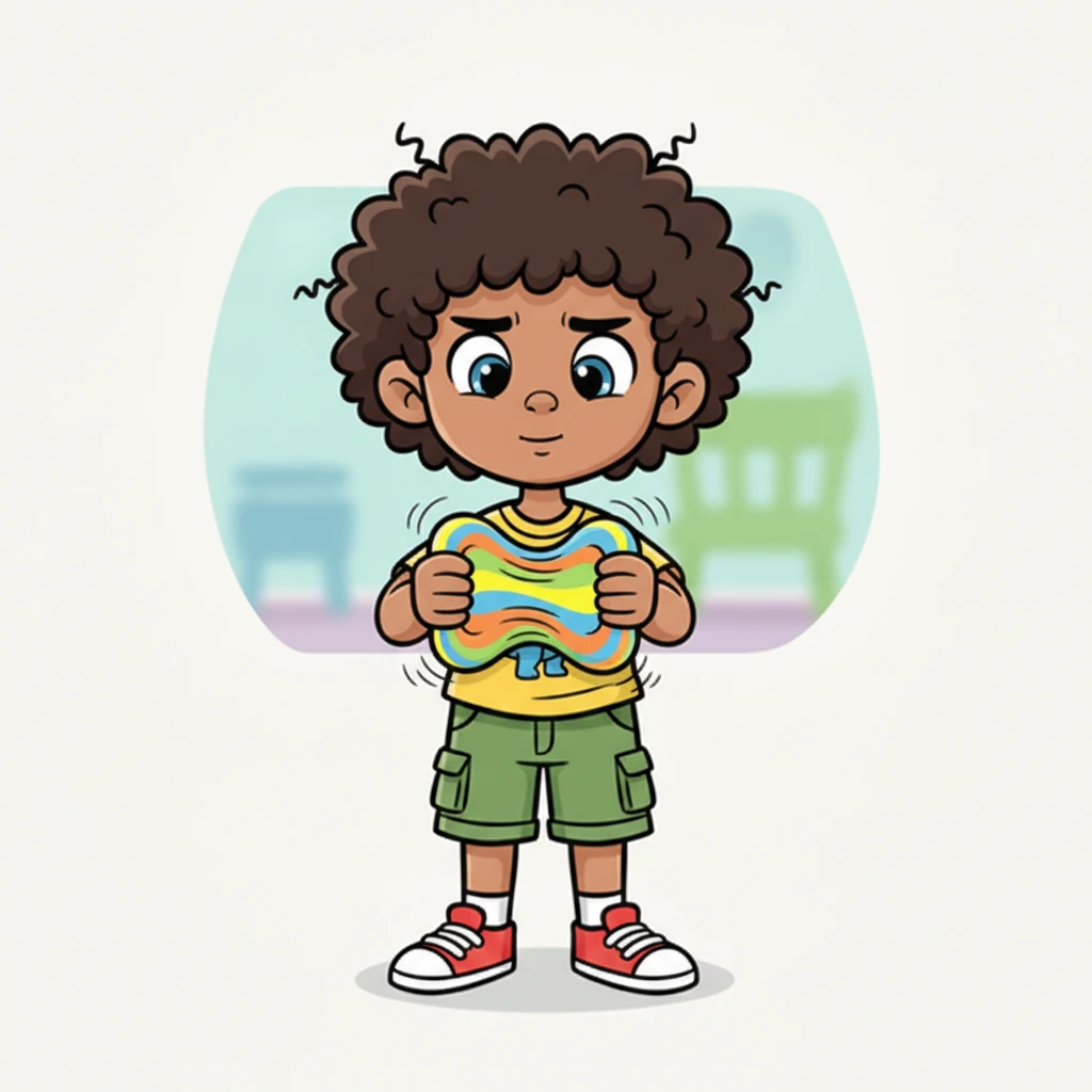 A dynamic cartoon illustration of Jasper actively using the stress ball. His eyes are wide with concentration as he squeezes the colorful, squishy ball with both hands. His face, initially tense, is now showing a subtle shift towards calm, perhaps a slight relaxation of his brows. The squishy ball is comically stretched and compressed to emphasize the action. Bright, cheerful colors dominate the scene.