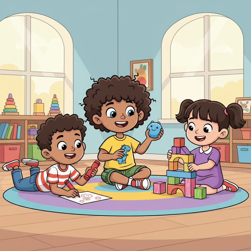 A joyful and vibrant cartoon illustration of Jasper playing happily and calmly with other children. Jasper is smiling broadly. He is holding his squishy stress ball gently in one hand or it is visible nearby. The children are engaged in a fun activity, like building or drawing, with exaggerated smiles and playful poses. The scene radiates warmth, friendship, and happiness, with bright, smooth lines and a lighthearted atmosphere.
