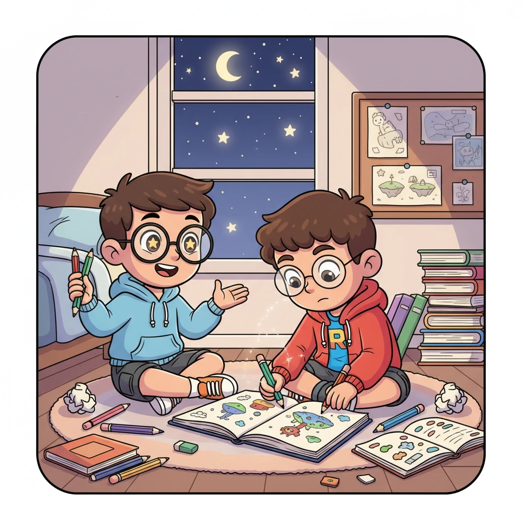 Jóvenes David y Erick, con ojos llenos de estrellas, soñaban con crear algo especial. Sus mentes bullían con ideas, imaginando mundos donde todo era posible. Se sentaban en su habitación, rodeados de cuadernos y lápices, esbozando garabatos de aventuras.