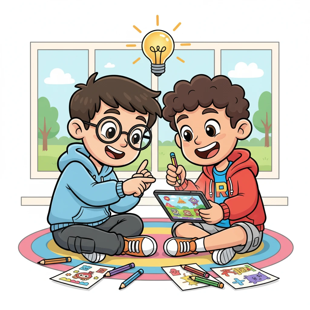 Un día, una idea brillante iluminó sus rostros: ¡harían un juego! Dibujaron personajes coloridos y escenarios fantásticos. Con entusiasmo, compartieron sus planes, viendo ya los mundos que cobrarían vida en la pantalla.