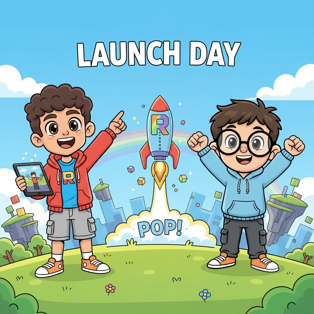 ¡Llegó el gran día! El 1 de septiembre de 2006, su juego fue lanzado al mundo. Con un gran "¡Pop!" virtual, como un cohete despegando, su creación, llamada Roblox, estaba lista para volar. La emoción llenaba el aire.