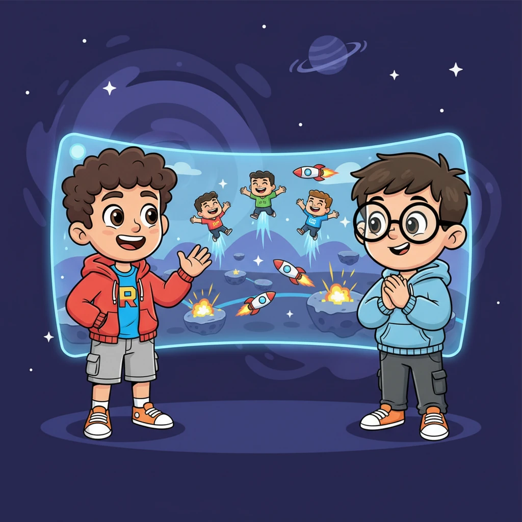 El primer juego, "Rocket Arena", era simple pero emocionante. Pequeños jugadores virtuales exploraban un mundo espacial, lanzando cohetes y riendo. David y Erick miraban con asombro cómo otros disfrutaban de su primera creación.