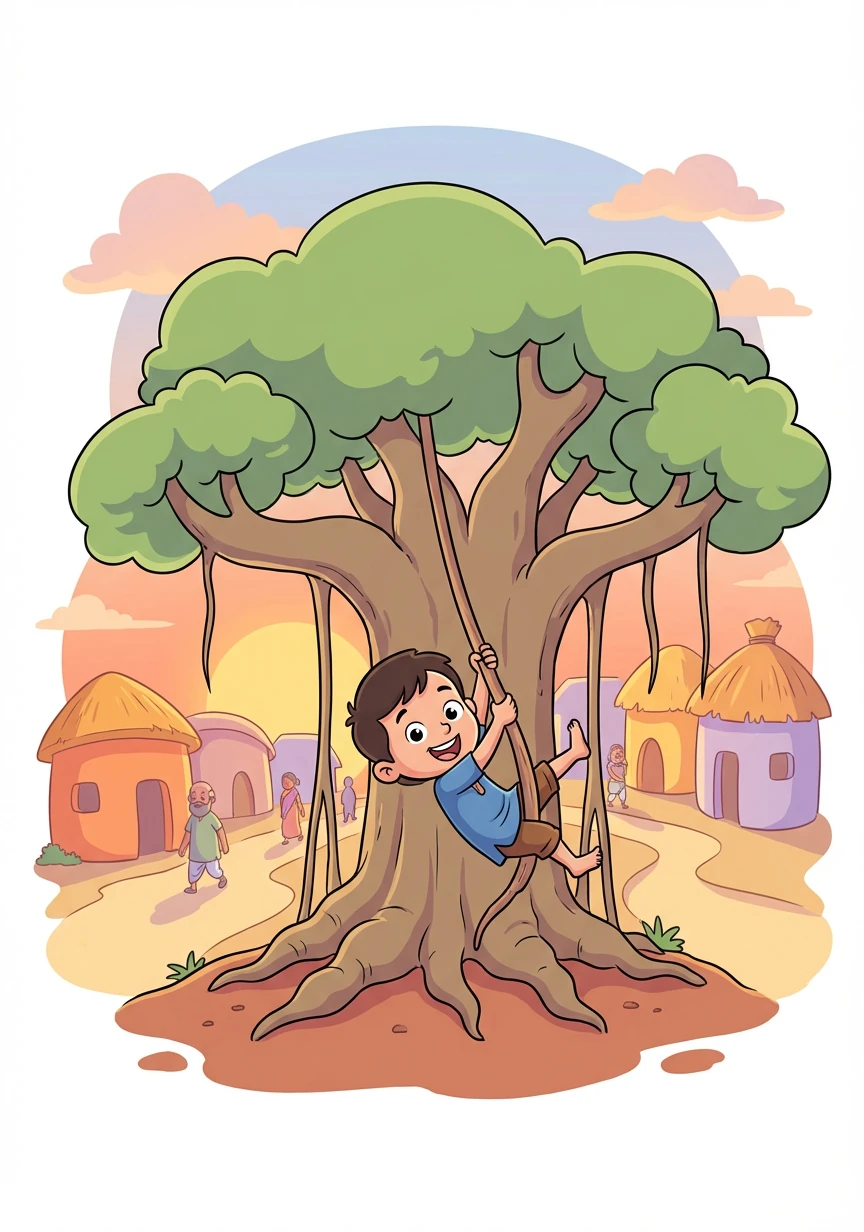 The sun dips low over Anandpur, painting the mud houses in warm golden light. Villagers stroll along the narrow lanes, their shadows stretching long and thin. A giant banyan tree stands sentinel at the heart of the village, its roots like ancient fingers gripping the earth.