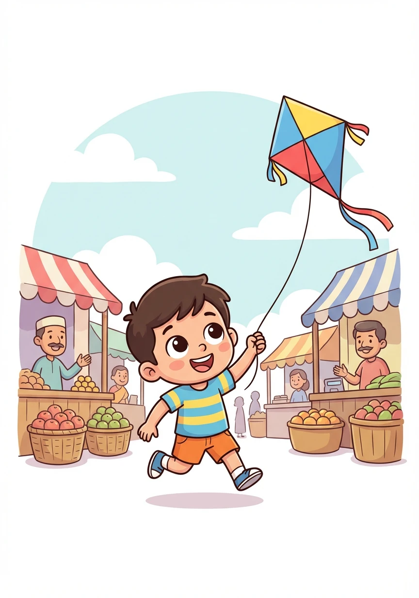 Young Rohan skips through the village, his colorful kite dancing in the gentle breeze. Laughter spills from his lips as he runs past the bustling marketplace, his eyes sparkling with joy.
