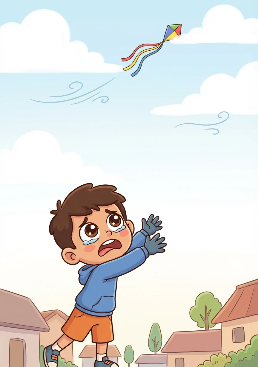 Suddenly, a strong gust of wind snatches Rohan's kite, carrying it high above the village rooftops. Rohan watches in dismay as his beloved kite drifts further and further away, disappearing into the vast expanse of the sky.