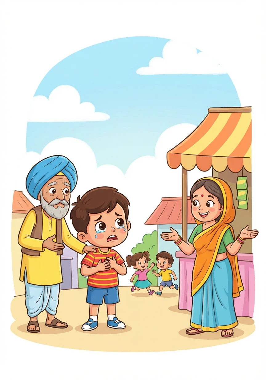 Tears well up in Rohan's eyes as he searches frantically for his lost kite. He asks the village elders, the playful children, and the busy merchants, but no one has seen it.