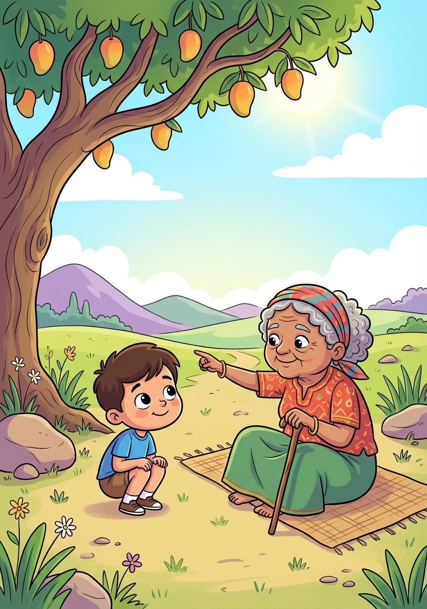 Along his journey, Rohan encounters a wise old woman sitting beneath a mango tree. She offers him words of encouragement and points him towards the distant hills, where she believes the kite might have landed.